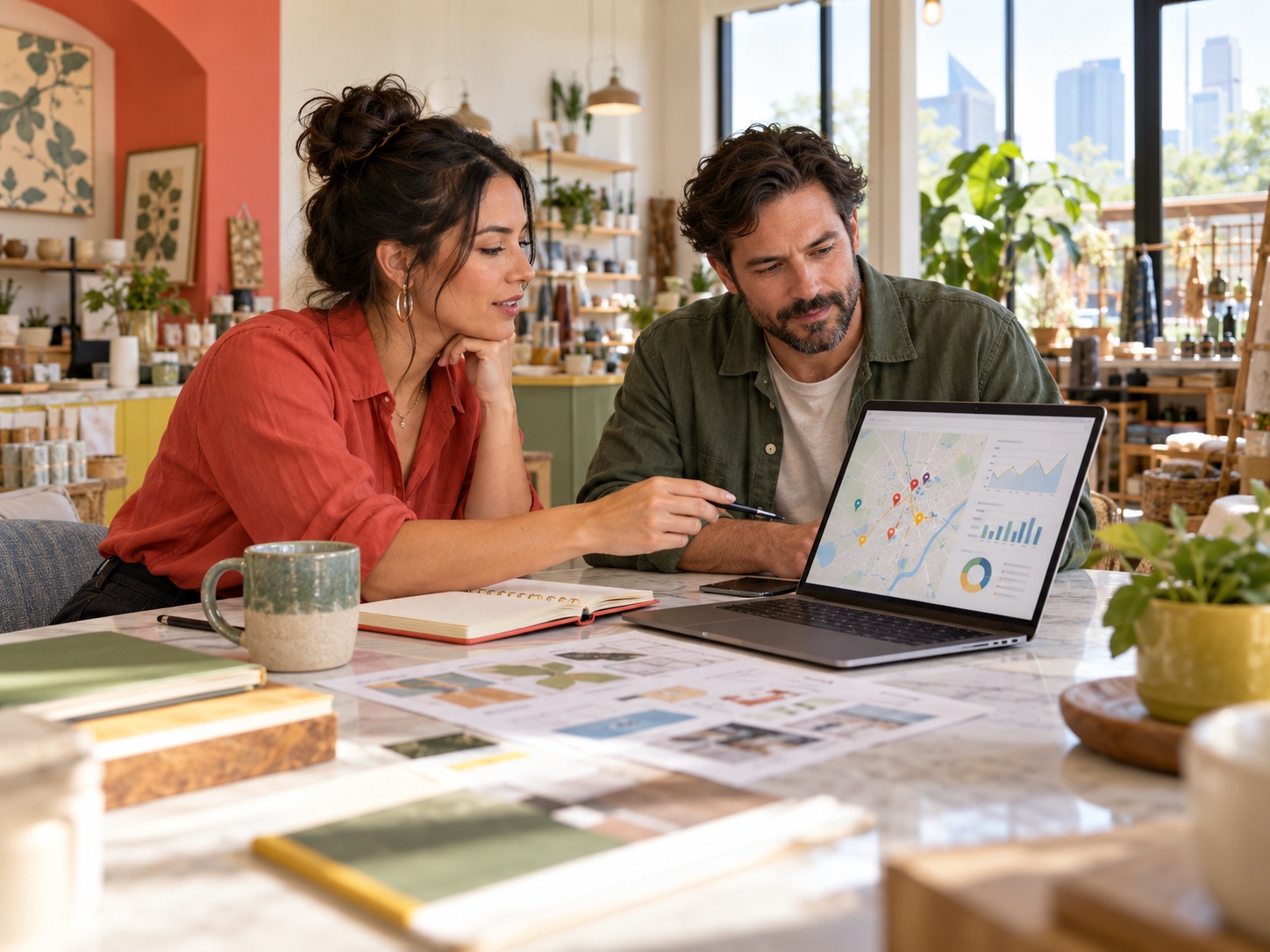 Strategist and business owner reviewing digital performance together